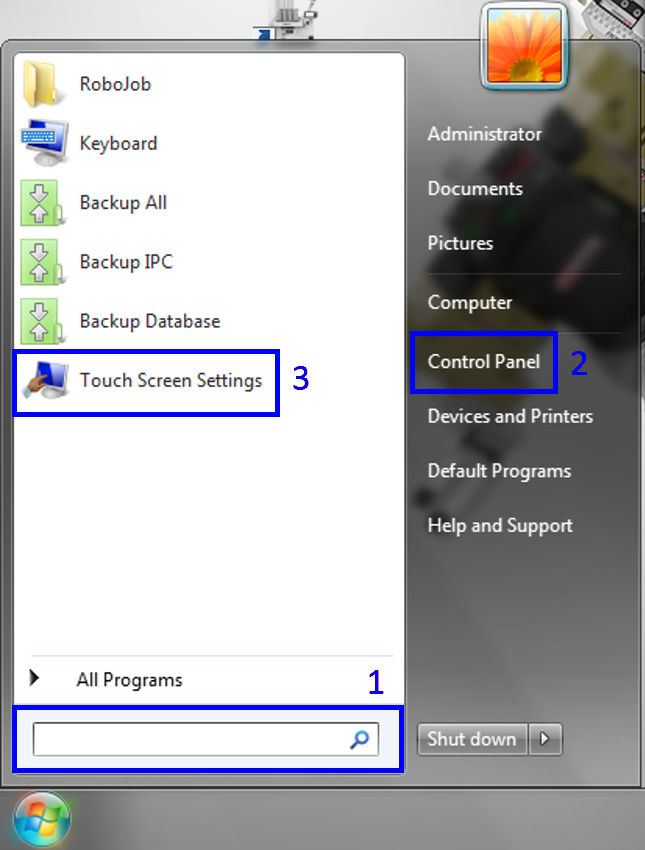 ipc W7 desktop startMenu shortcut touchScreenSettings