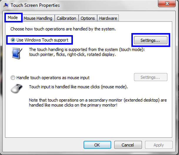 ipc W7 touchScreenProperties mode button settings