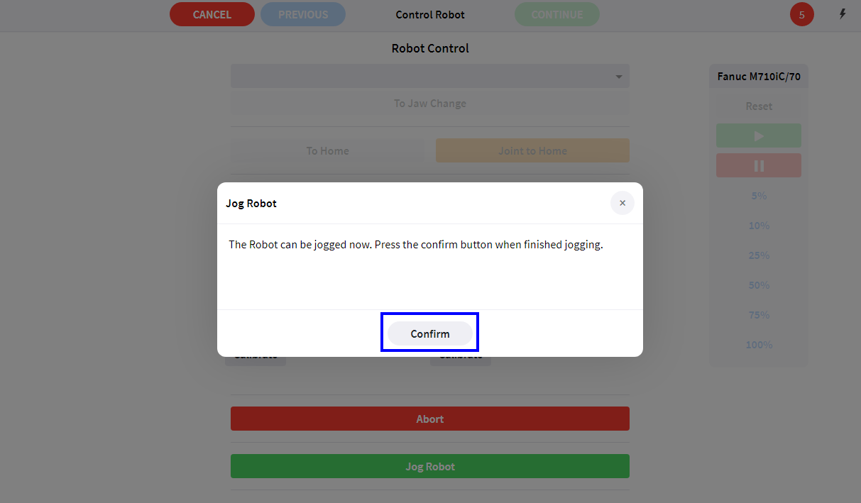 jobcontrol robot Jog Robot popup confirm