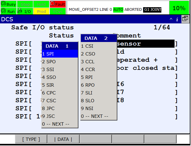 teachPendant menuNext systemDCS safeIOStatus data