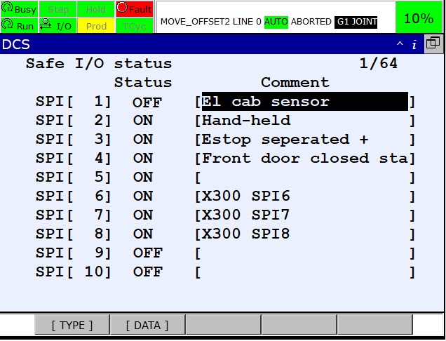 teachPendant menuNext systemDCS safeIOStatus off