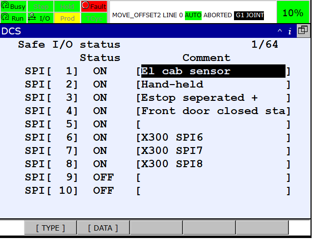 teachPendant menuNext systemDCS safeIOStatus on