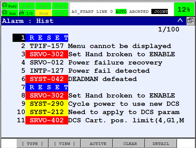 teachPendant screen activeAlarms history